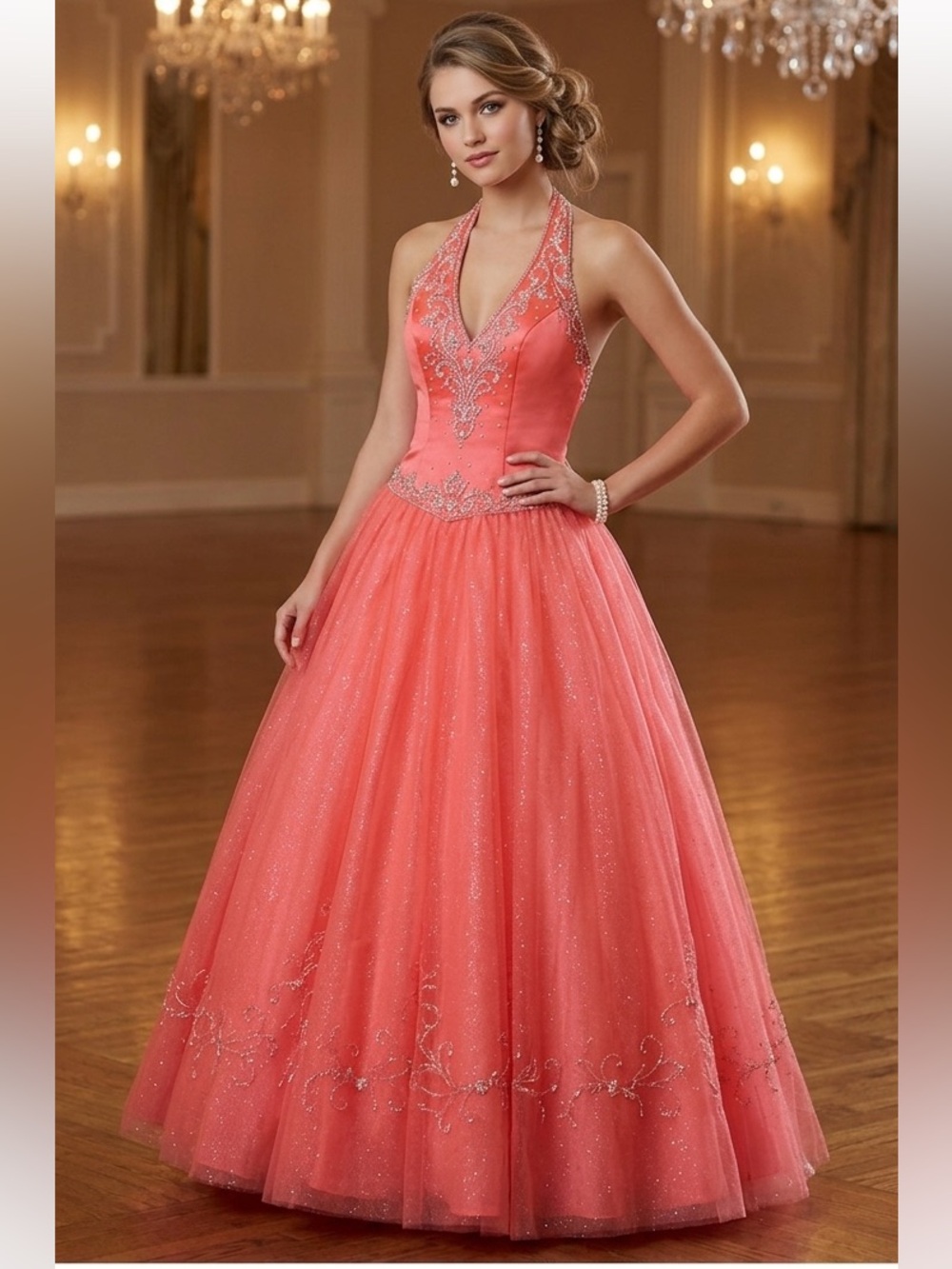 Tiffany Designs Princess Beaded Tulle Halter Prom Quinceanera Gown 8